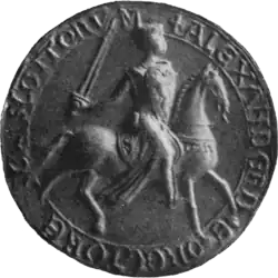 Greyscale photograph of the seal of Alexander II, King of Scotland.