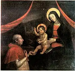 Alexander VI kneeling in front of the Madonna, said to be a likeness of Giulia Farnese.[Note 8]