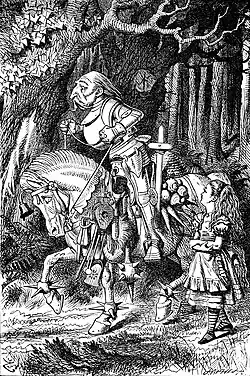 Elderly knight in armour, on horseback, accompanied by a little girl