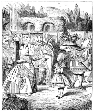 Tenniel illustration of The King and Queen of Hearts (grand procession)