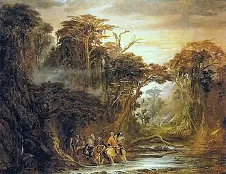 Painting showing cavalrymen marching through a swampy road towards a camp