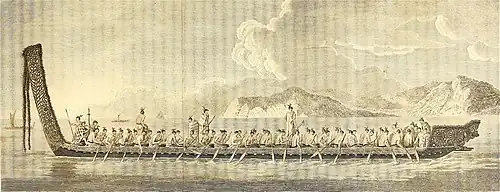 Image 19Māori war canoe (waka) drawn after James Cook's voyage to New Zealand. (from Polynesia)