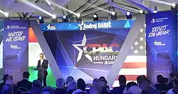 ANO leader, Andrej Babiš, speaking at the 2023 CPAC Hungary
