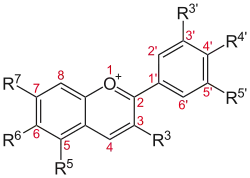 Anthocyanin, a red to blue dye depending on functional groups and pH