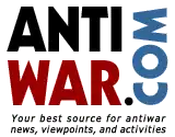 Logo of Antiwar.com depicting the word "Anti" in black text, "War" in red text below it, to the right is ".com" in tilted 90° blue text, and below all of them is the motto "Your best sources for antiwar news, viewpoints, and activities"