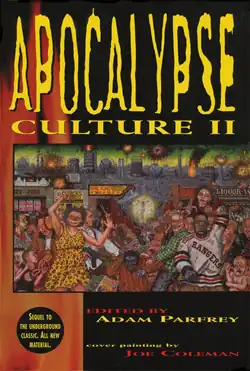 Background of the cover is red and black with a fiery look and an apocalyptic painting in front of it