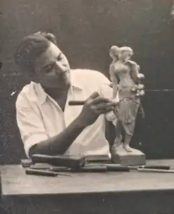 Appukuttan at work with a traditional sculpture in 1965