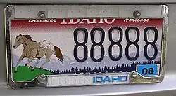 An Idaho car license plate with a running horse on the left side. The horse is brown with a brown and white spotted rump