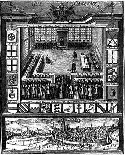 An audience of the Reichskammergericht in Wetzlar, 1750. The Imperial city was saved from oblivion in 1689 when it was decided to move the Imperial Chamber Court to Wetzlar from Speyer, too exposed to French aggression.
