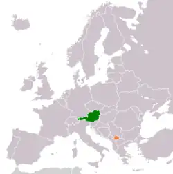 Map indicating locations of Austria and Kosovo