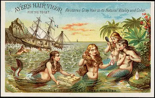 Ayer's Hair Vigor for the toilet restores gray hair to its natural vitality and color, [ca. 1870-1900]. 19th Century American Trade Cards Collection, Boston Public Library