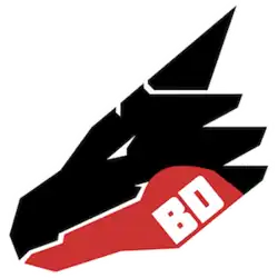 A stylised dragon's head in black, white and red, facing left. The dragon's jawbone is in red; on it are the initials "BD".