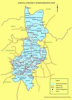 Map of Badulla district showing its administrative areas