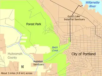Balch Creek in Portland, Oregon, flows through the Audubon Sanctuary and part of Forest Park, then through a storm sewer under Guild's Lake Industrial Sanctuary before entering the Willamette River.