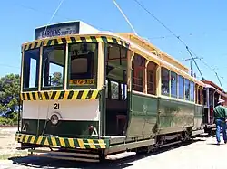 Former Type A tram no. 10, built 1909, was sold to the State Electricity Commission of Victoria in 1936 to run in Ballarat as their no. 21