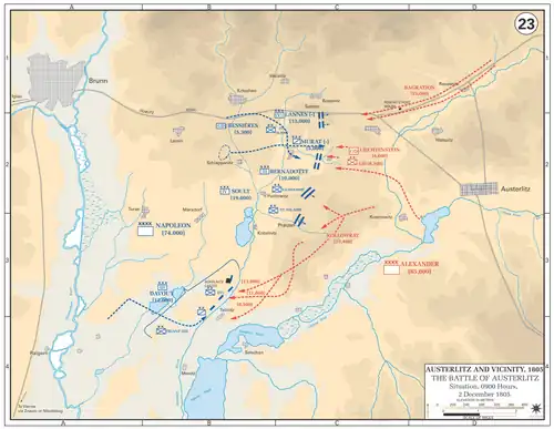 Map with blue lines showing the French advance against the Allied center, symbolized with red lines.