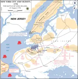 Map diagramming the British landing in New York and Washington's retreat