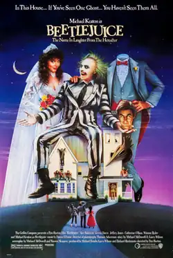 A woman in a wedding dress, a green haired white faced man in a striped suit, and a headless man holding his head in his hands.