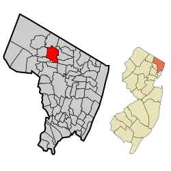 Location of Saddle River in Bergen County highlighted in red (left). Inset map: Location of Bergen County in New Jersey highlighted in orange (right).