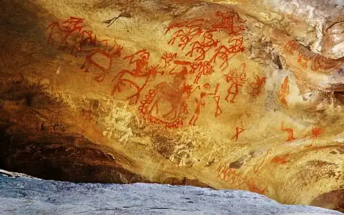 A Prehistoric cave painting in Bhimbetka rock shelters.