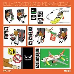 A series of panels, inspired by the visual style of airplane safety brochures, show airline passengers performing behaviors such as grilling meat and rolling joints.