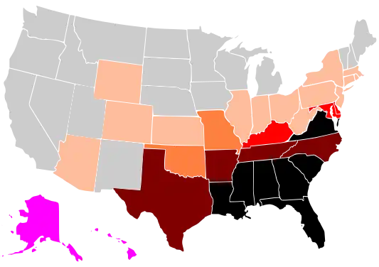 A map of the black percentage of the U.S. population by each state/territory in 1900. Black = 35.0+% Brown = 20.0–34.9% Red = 10.0–19.9% Orange = 5.0–9.9% Light orange = 1.0–4.9% Gray = 0.9% or less Magenta = No data available