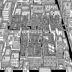 A drawing of a city with buildings that spell out the band's name. One building has a billboard that reads the album title.