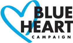 A blue heart shape, with the caption "blue heart campaign", then in a different font, "against Human Trafficking".