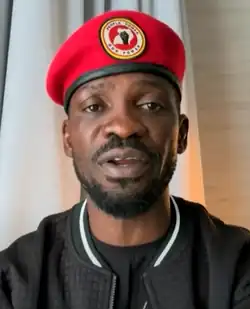Headshot of Bobi Wine giving an online interview