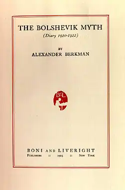 Cover of the 1925 edition of Berkman's The Bolshevik Myth