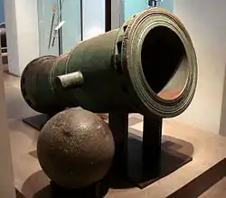 Bombard-mortar of the Knights of Saint John, Rhodes, 1480–1500. Founded at the request of Pierre d'Aubusson, the bombard was used for close defence of the walls (100–200 metres). It fired 260 kg granite balls. The bombard weighs 3,325 kg. Musée de l'Armée.