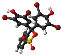 Ball-and-stick model of the bromophenol blue molecule in cyclic form