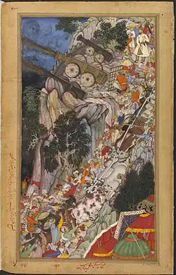 Bullocks dragging siege-guns up hill during Mughal Emperor Akbar's Siege of Ranthambore Fort in 1568.[70]