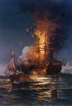 A painting of a ship on fire. She floats in the water with flames reaching high over her masts