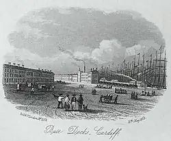 Lithograph of a dock area with sandstone buildings, tall ship masts, a steam train and people