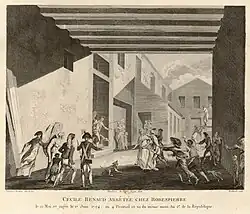 The arrest of Cécile Renaud in the courtyard of Duplay's house on 22 May 1794, etching by Matthias Gottfried Eichler after a drawing by Jean Duplessis-Bertaux.