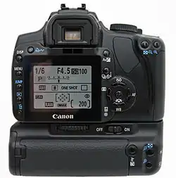 The 400D features a 2.5" TFT LCD (shown with optional battery grip)