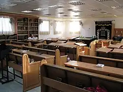 Interior of a "caravan shul" (synagogue housed in a trailer-type facility), Neve Yaakov, Jerusalem