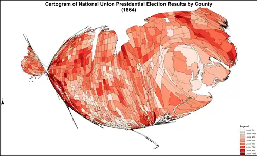 Cartogram of National Union presidential election results by county