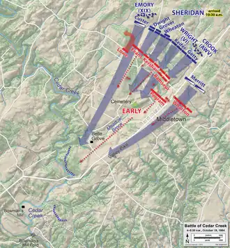 map showing Union counterattack pushing Confederates back from north of Middletown way back to Cedar Creek