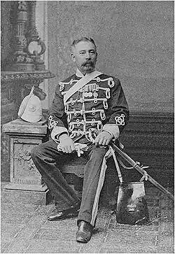 An officer of the British 8th King's Royal Irish Hussars in 1880, showing the patent leather sabretache which was used on active duty