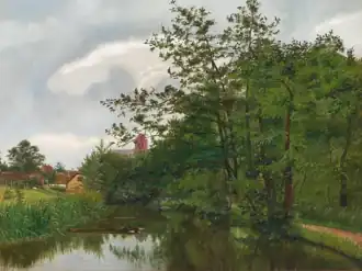 Parti fra Sorgenfri med Mølleåen, i baggrunden Lyngby kirke, oil on canvas, 1879