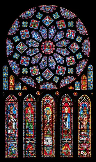 North transept windows; c. 1230–1235; stained glass; diameter (rose window): 10.2 m; Chartres Cathedral (Chartres, France)[145]
