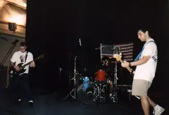 Chisel plays on the University of Notre Dame campus, April 1991. From left, are Ted Leo, John Dugan and Chris Infante.