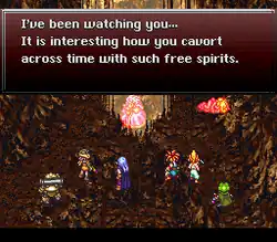 Horizontal rectangular video game screenshot that is a digital representation of a cave. Six characters stand at the bottom of the screen, with a dialog window at the top of the screen displays text.
