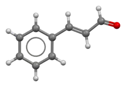 Ball-and-stick model of the cinnamaldehyde molecule
