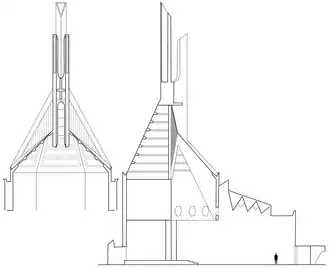 Architectural section through Clifton Cathedral, showing the flèche, spires and the interior star beam (with hexagon cutouts).