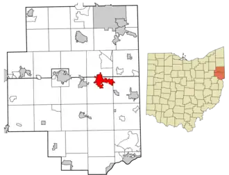 Location of Columbiana in Columbiana and Mahoning counties, Ohio.