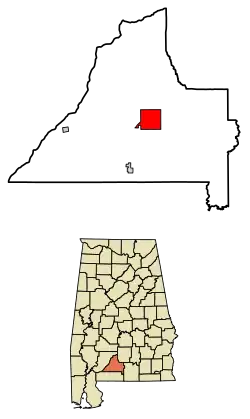 Location of Evergreen in Conecuh County, Alabama.