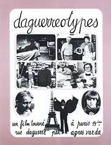 Collage-style French film poster featuring black-and-white photographs of shopkeepers, a magician, and a child, with handwritten French text and an image of the Eiffel Tower